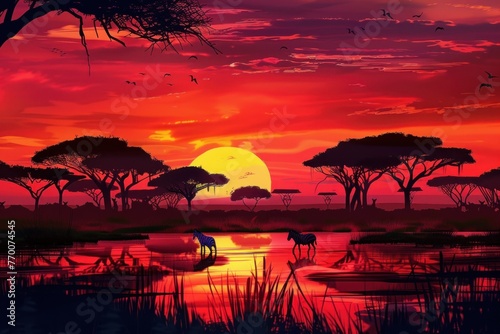 A majestic African sunset painting with silhouettes of acacia trees and wildlife like zebras