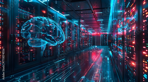 Digital brain connected to data center. Artificial intelligence concept.