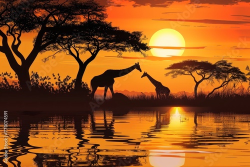 An vector illustration of an African sunset with silhouettes of acacia trees and giraffes