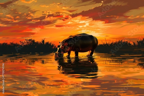 A hippopotamus wades through the water of an African river at sunset