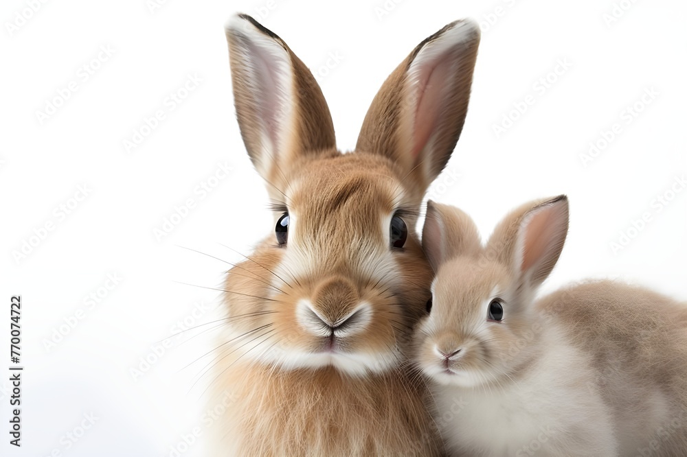 Heartwarming Moment: Rabbit Mother and Kit on White Background