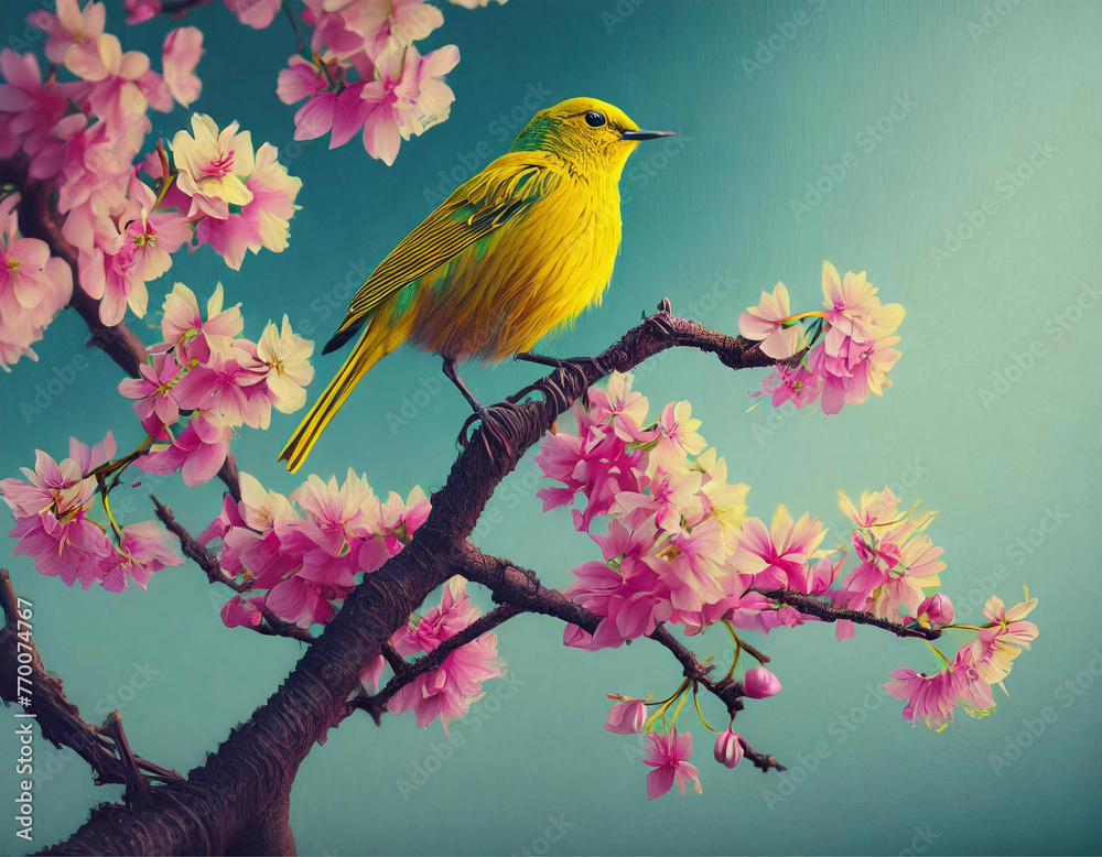 Um pássaro amarelo no galho de uma árvore florida com flores cor-de-rosa.