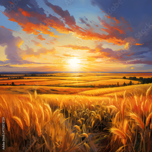 Harvest Season at Dusk: An Idyllic Exploration of Golden Grain Fields under the Setting Sun © Adele