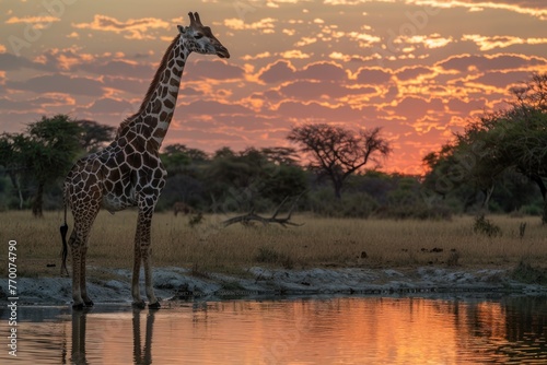A majestic giraffe standing tall against the backdrop of an African sunset
