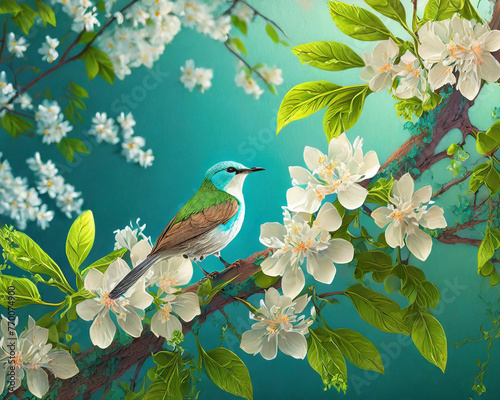 Um pássaro colorido, empoleirado no galho de uma árvore com flores brancas e com fundo azul. photo