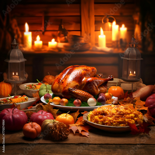 Thanksgiving dinner with roasted turkey and vegetables on rustic wooden background