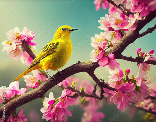 Um pássaro amarelo no galho de uma árvore florida com flores cor-de-rosa.