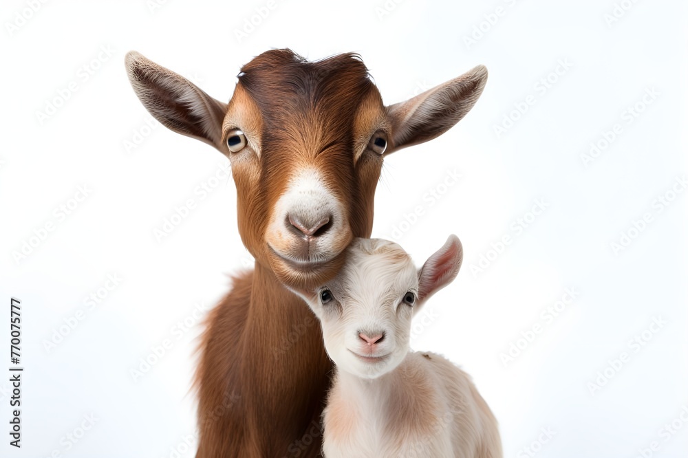 Goat and Her Baby Close-up View on White Background