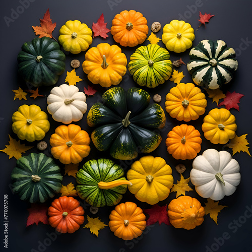 Colorful pumpkins and autumn leaves on dark background. top view