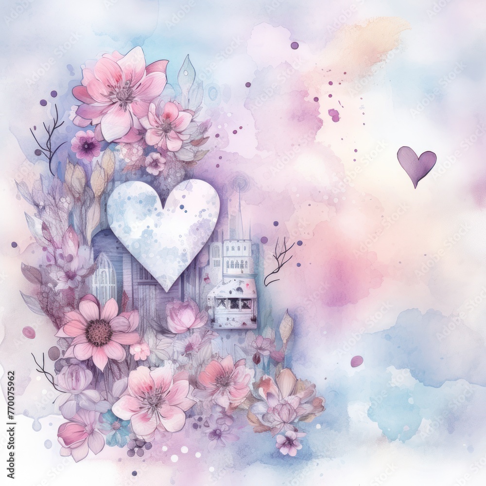 A delightful watercolor collage featuring a whimsical shabby chic house nestled in a garden filled with vibrant flowers, trees, and scattered hearts. - obrazy, fototapety, plakaty 
