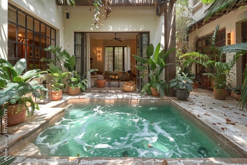Courtyard with pool surrounded by lush greenery and furnished living room in the background