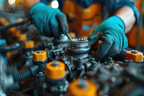 Mechanic in blue gloves repairs the engine of a heavy vehicle,closeup