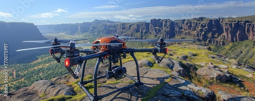 Black and orange drone on rocky cliff edge overlooking a canyon and mountains beyond © ЮРИЙ ПОЗДНИКОВ