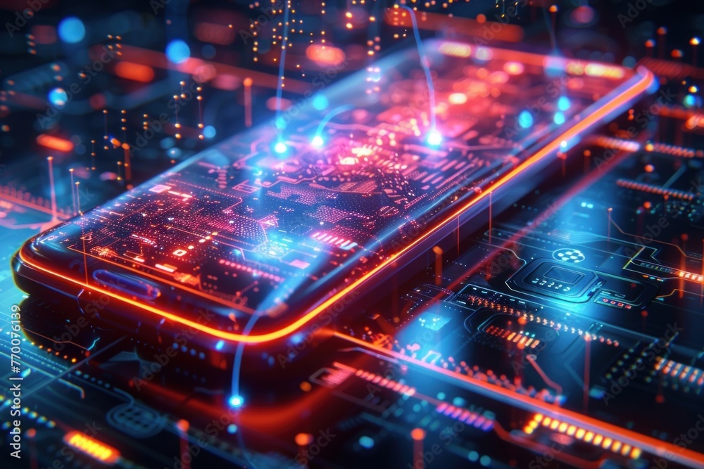 Circuit Board with Smartphone Glowing in the Dark, Transparent Case Revealing Electronics Inside Circuit Board with Smartphone Glowing in the Dark, Transparent Case Revealing Electronics Inside