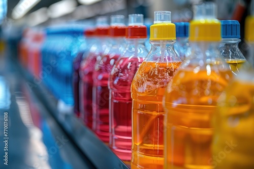 Colorful plastic bottles with various liquids in a row on a shelf in the supermarket