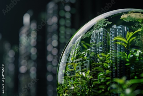 A globe with green plants and buildings inside