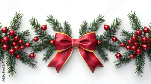 Red Christmas bow with golden border. Fir branches  berries and leaves