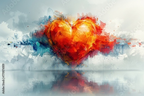 Heart, painted in red and orange colors, with a splash of blue and purple on a white background.