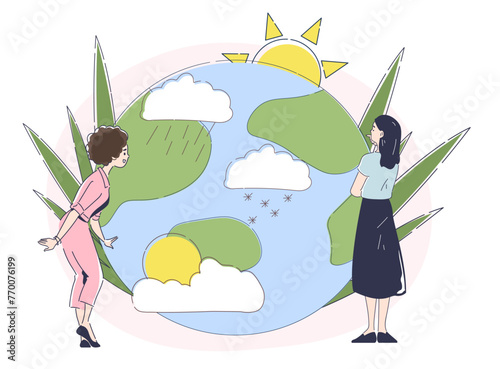 World meteorological day doodle. Women near globe with sun, clouds, snow and rain. Young girl with meteorology. Poster or banner. Simple flat vector illustration isolated on white background