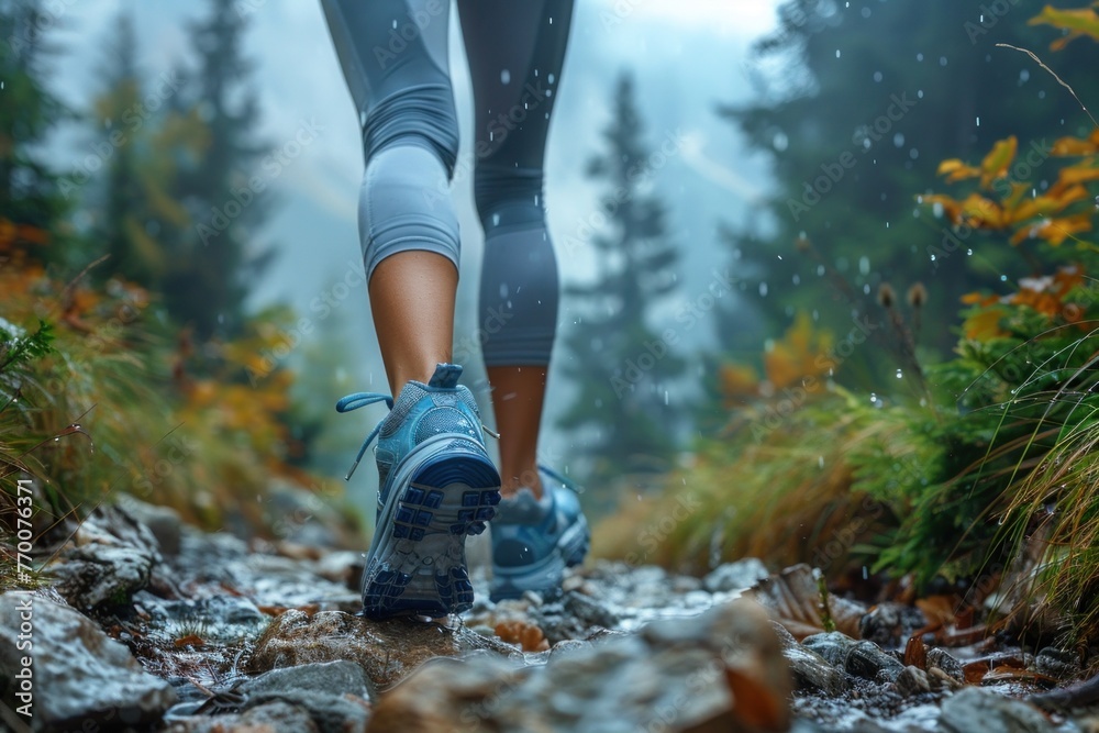 Woman hiking in rainy mountain wilderness with waterproof boots on rocky trail through lush forest. Woman hiking in rainy mountain wilderness with waterproof boots on rocky trail through lush forest.
