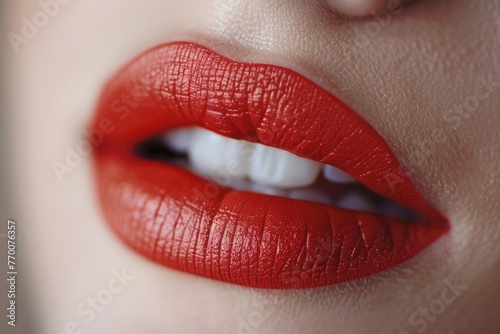 Close-up of womans red lips with white teeth, retro style make-up