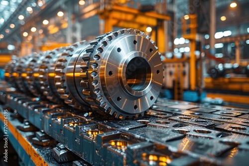 Close-up of heavy-duty metal gears on conveyor belt in modern factory workshop