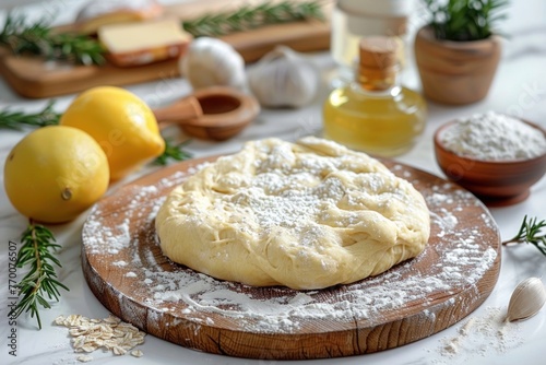 Freshly prepared dough with lemons, garlic, olive oil, and rosemary on a marble surface. photo