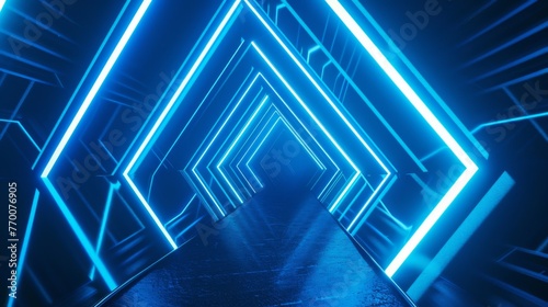 Futuristic neon triangle tunnel with vibrant blue lights. Illuminated path through a geometric light installation. Abstract neon lighting in a triangular corridor perspective.