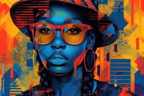 Portrait of a young African-American woman wearing a hat and sunglasses  with a colorful background
