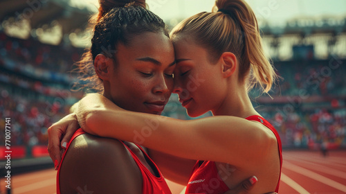 African-American woman and a Caucasian woman, both athletes, embracing lovingly on the track of the Paris Olympic Games, sports inclusive competition and gender diversity