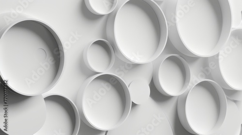 Three-dimensional white geometric shapes on a white background. Abstract pattern of white circles and cylinders in various sizes.