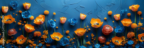 Creative concept for international mother and family day, Happy birthday. Yellow blue tulip flower arrangement. Background with tulips. Flowers close up. yelow and blue tulips, greeting card