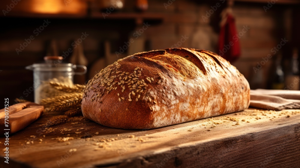 Visual depiction of freshly baked bread on a wooden board, emphasizing its freshness.
