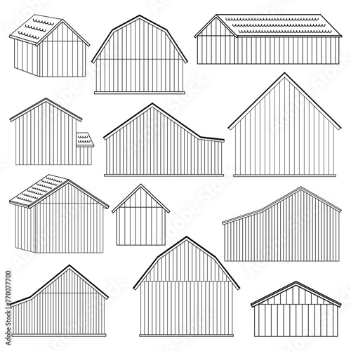Big set of wooden outline houses or barns without doors and windows. Isolated vector illustrations on white background for constructor or coloring book