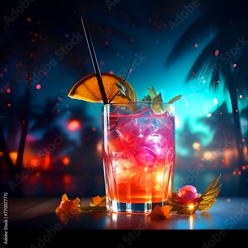 Cocktail on the beach at night with palm trees and oranges