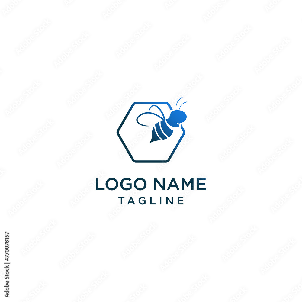 Bee logo in blue gradient hexagonal line shape. Bee logo in blue gradient hexagonal line shape.