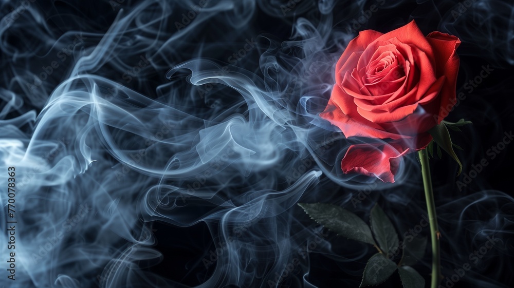 Close up of frozen dark red rose isolated on black with smoke around. Happy valentine's day concept. Close up of frozen dark red rose isolated on black with smoke around. Happy valentine's day concept.