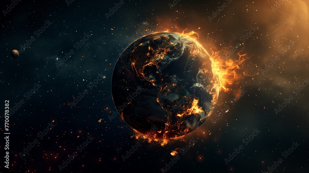 Fototapeta premium Abstract apocalyptic background, burning and exploding planet . Planet earth is burning because the climate change concept.