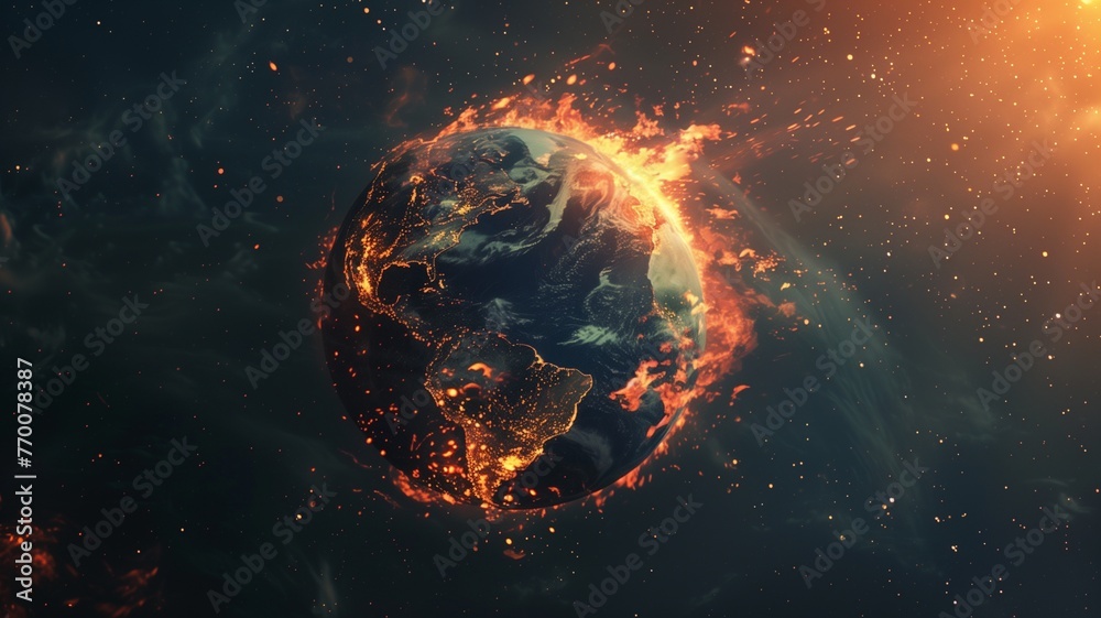 Abstract apocalyptic background, burning and exploding planet . Planet earth is burning because the climate change concept. - obrazy, fototapety, plakaty 