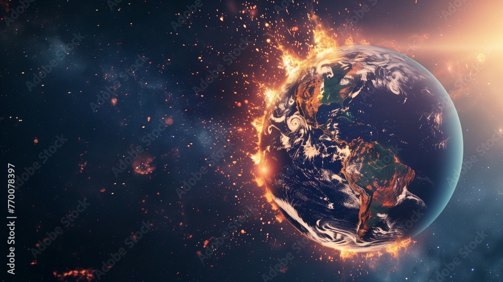 Abstract apocalyptic background, burning and exploding planet . Planet ...