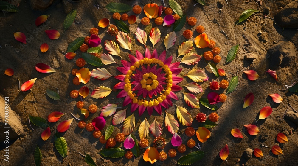 An aerial view of a beautifully arranged floral mandala on the ground, consisting of an intricate pattern made from a variety of colorful petals and leaves. An aerial view of a beautifully arranged floral mandala on the ground, consisting of an intricate pattern made from a variety of colorful petals and leaves.