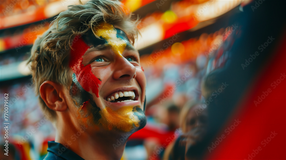 A cheerful fan of the national team with a cheering crowd in the background.