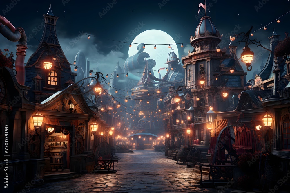 Old town at night with a full moon in the background. 3d rendering