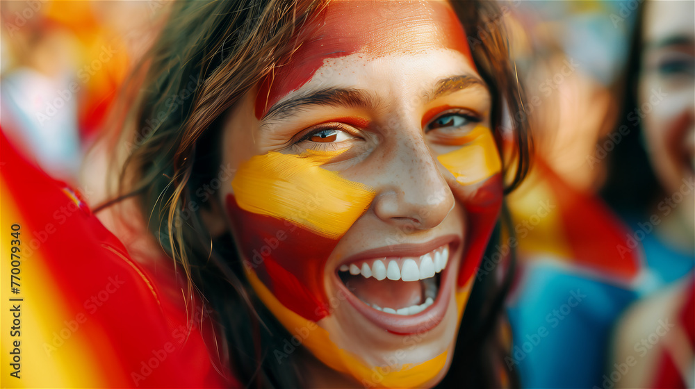 A cheerful fan of the national team with a cheering crowd in the background.