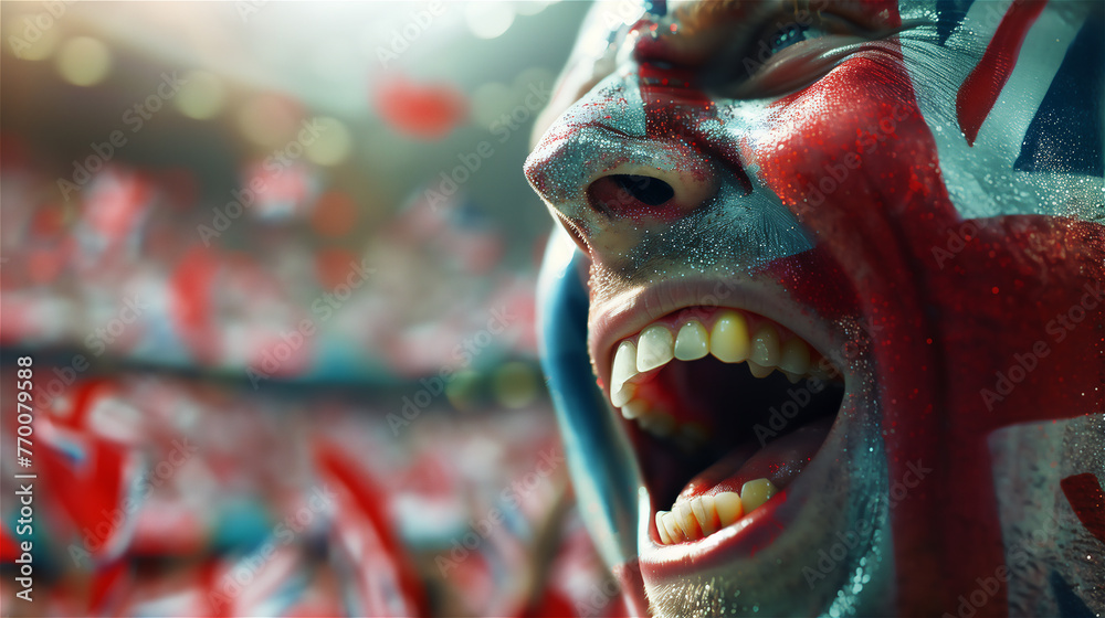 A cheerful fan of the national team with a cheering crowd in the background.