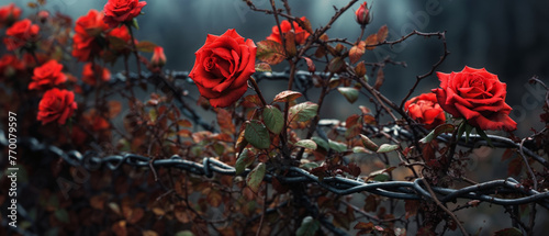 Withering red roses hanging from rusty rural farm barb wire fence on a rainy overcast day with a grim dark art overtone of the beauty of love overcoming hardships in life.