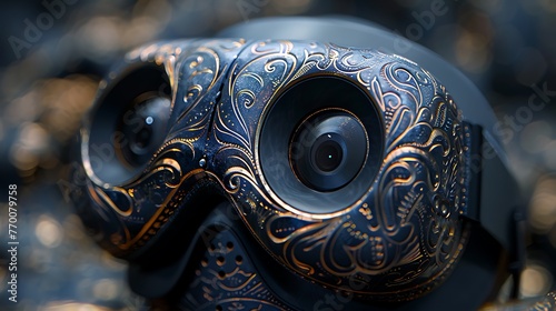 Explore the intricate patterns etched onto the surface of a sophisticated VR headset, hinting at the immersive experiences it promises to deliver.
