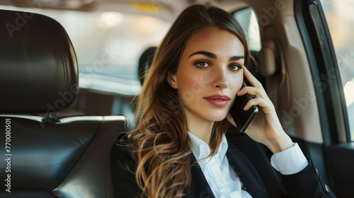 businesswoman in taxi on the phone
