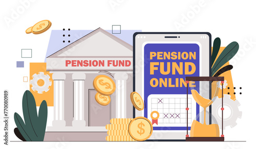 Pension fund online concept. Smartphone near golden coins and hourglass. Passive income for seniors. Retirement for elderly people. Cartoon flat vector illustration isolated on white background