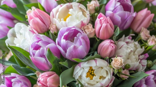  A close-up of a bouquet of tulips and other flowers is shown